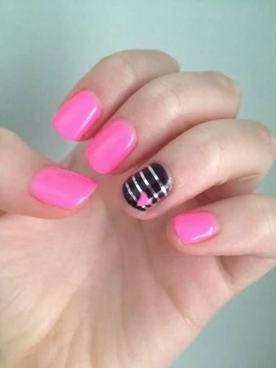 Black Nail With Silver Stripes And Pink Heart Accent Nail Art