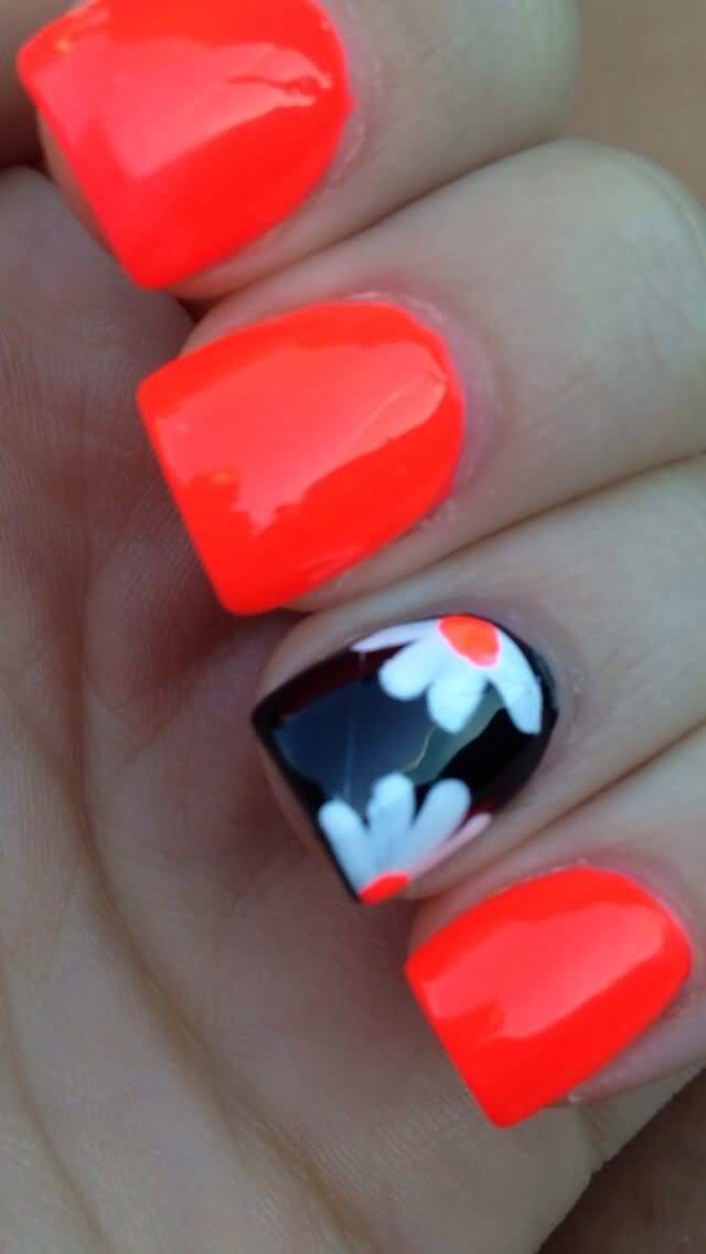 Black Nail With White Flower Accent Nail Art