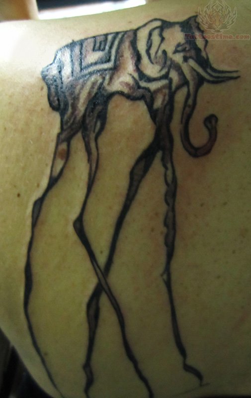 Black Outline Dali Elephant Tattoo On Back Shoulder