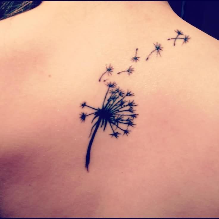 Blowing Dandelion From Puff Tattoo On Upper Back