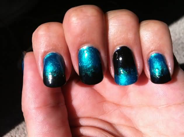 Blue And Black Glossy Ombre Nail Art Design