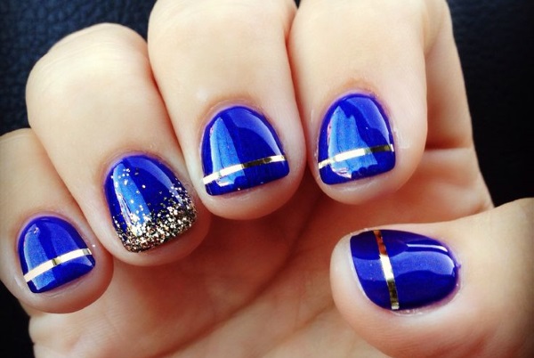 Blue And Gold Glitter Accent Nail Art