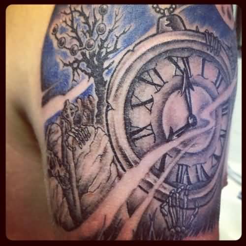 Blue And Grey Clock Tattoo On Shoulder