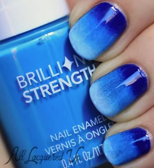 Blue And White Glossy Ombre Nail Art Design