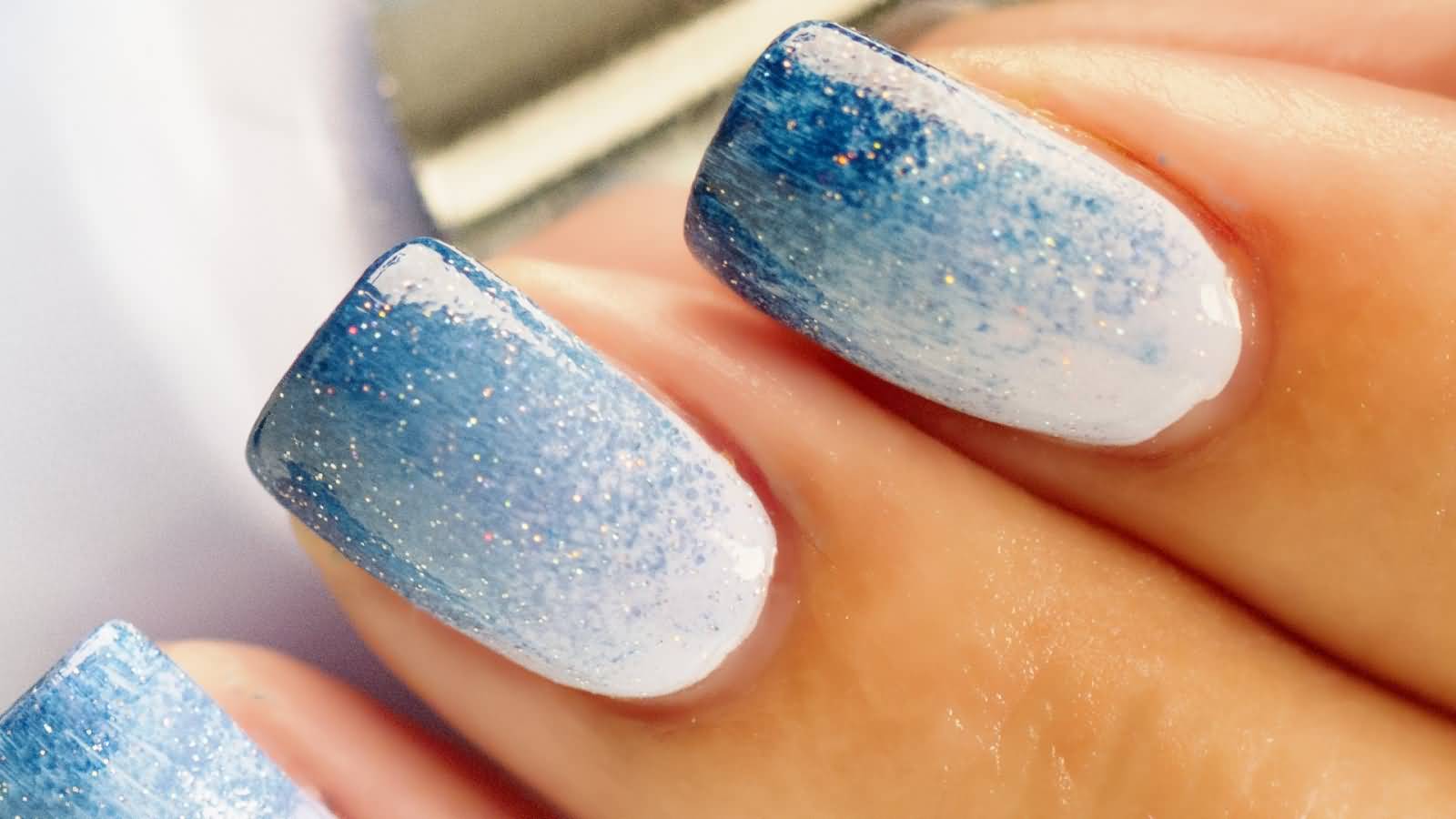 Blue And White Sparkle Ombre Nail Art