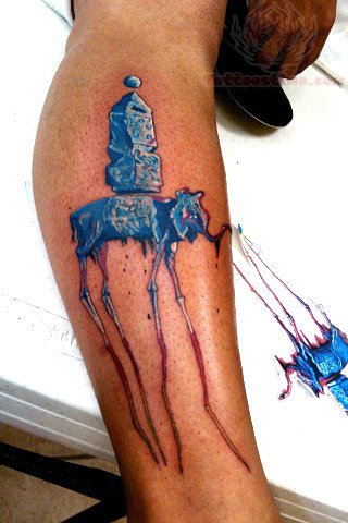 Blue Dali Elephant Tattoo On Leg