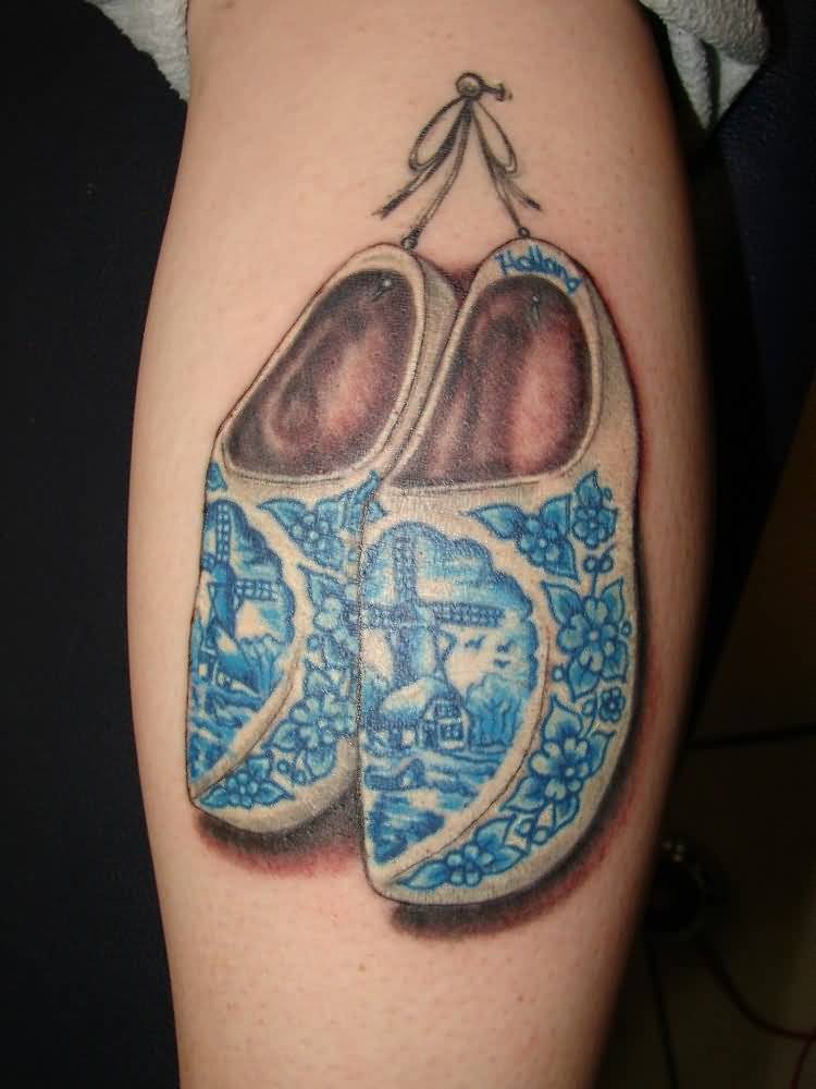 Blue Flowers Print Shoes Tattoo On Calf