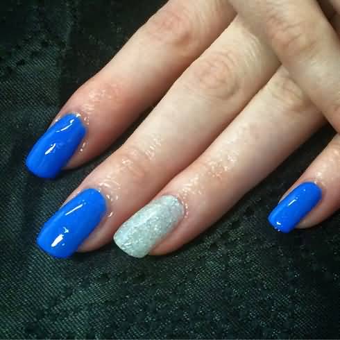 Blue Glossy Nails With Glitter Accent Nail Art Design