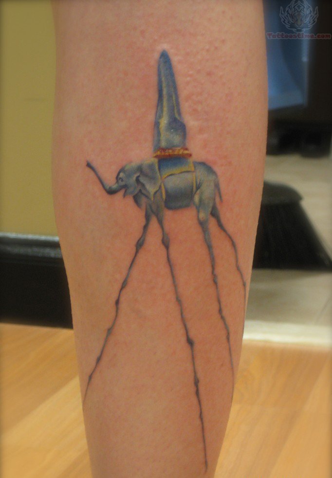 Blue Ink Dali Elephant Tattoo On Back Leg