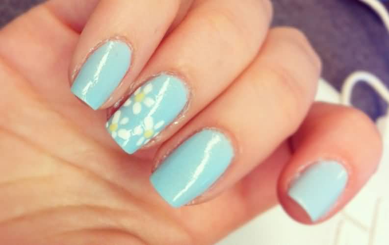 Blue Nails And White Flower Accent Nail Art