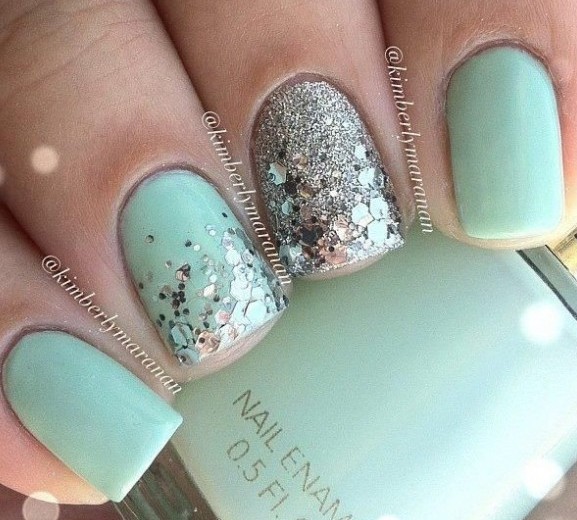 Blue Nails With Silver Glitter Accent Nail Design