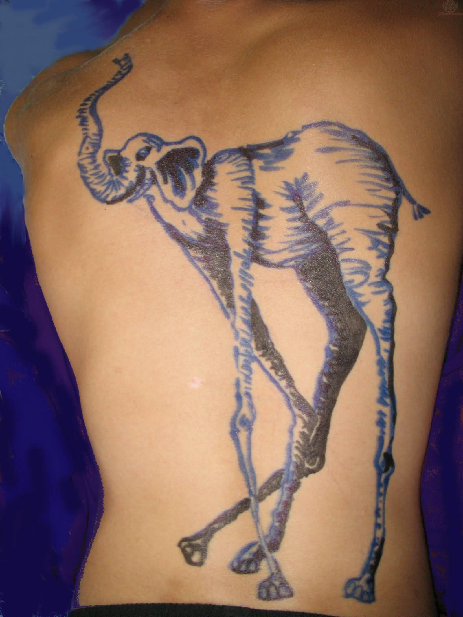 Blue Outline Dali Elephant Tattoo On Full Back