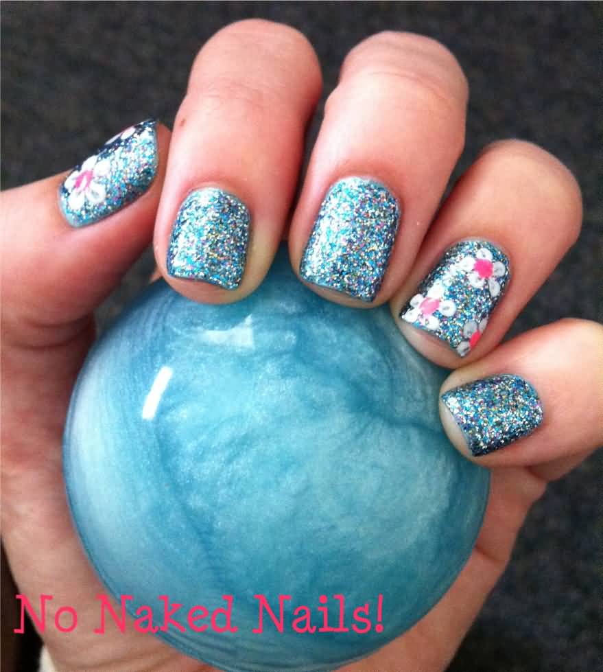 Blue Sparkle Nails With Flower Accent Nail Art