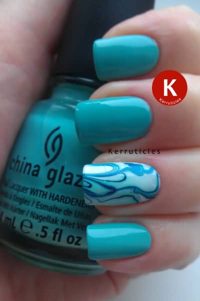 Blue Water Marble Accent Nail Art Design