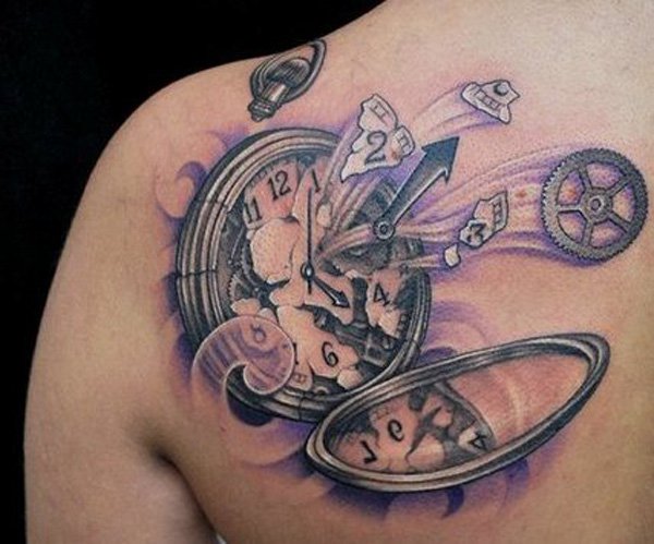 Broken Clock Tattoo On Left Back Shoulder
