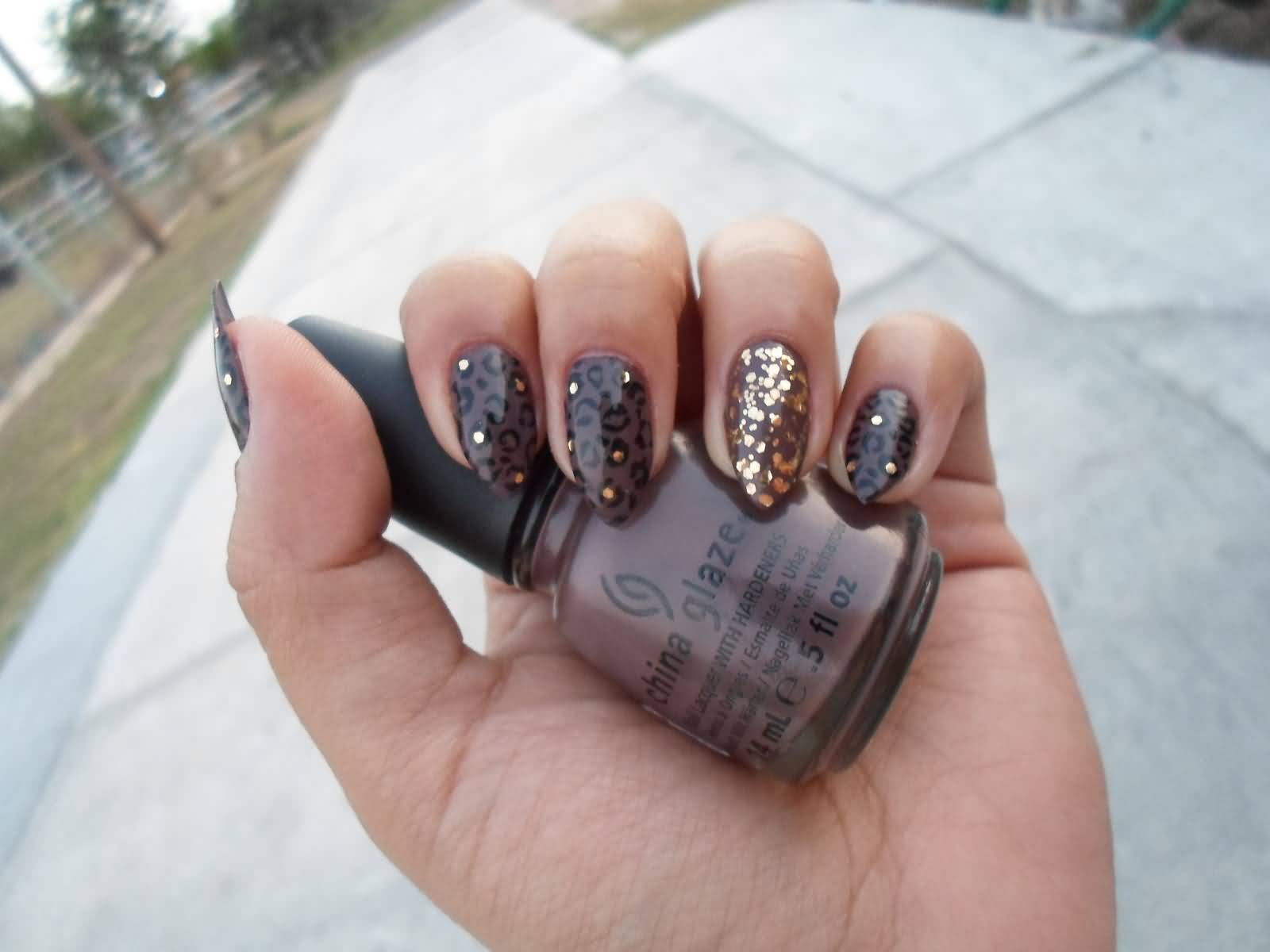 Brown Nails With Gold Glitter Accent Nail Art
