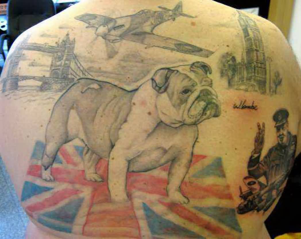 Bull Dog And Spitfire Tattoo On Full Back