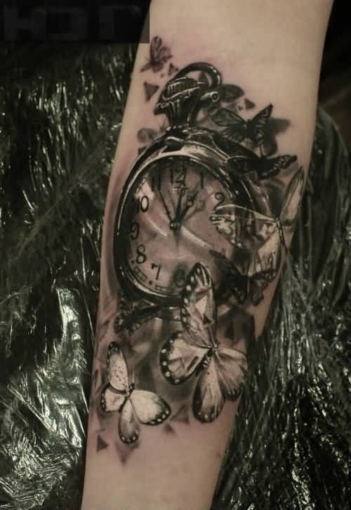 Butterflies And Clock Tattoo On Arm