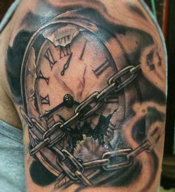 Chain And Clock Tattoo On Left Shoulder