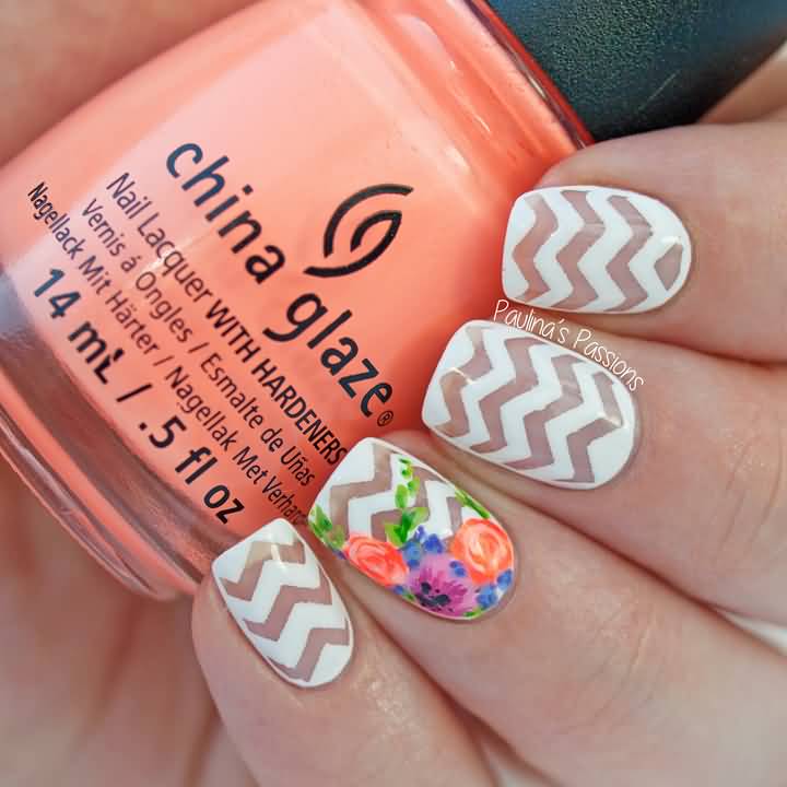 Chevron Nails With Flower Accent Nail Art