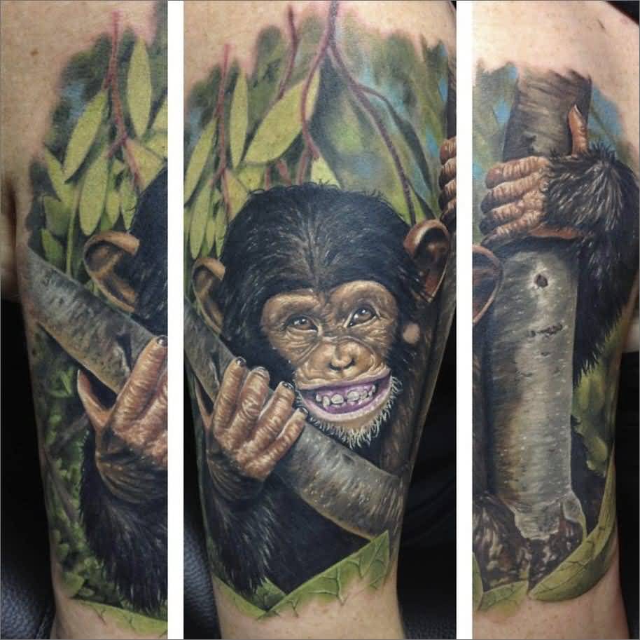 Chimpanzee Clibing On Tree Tattoo by Randy Engelhard