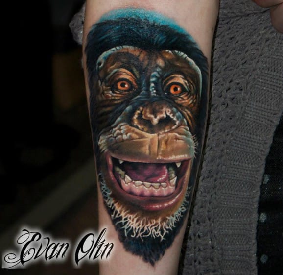 Chimpanzee Head Tattoo On Sleeve by Evan Olin