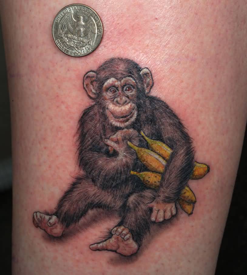 Chimpanzee With Three Banana Tattoos On Bicep