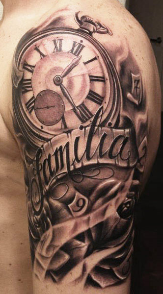 Clock And Familia Banner Tattoo On Left Half Sleeve