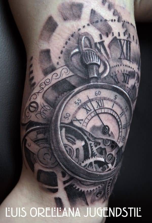 Clock Gears Tattoo On Left Bicep by Mojoncio