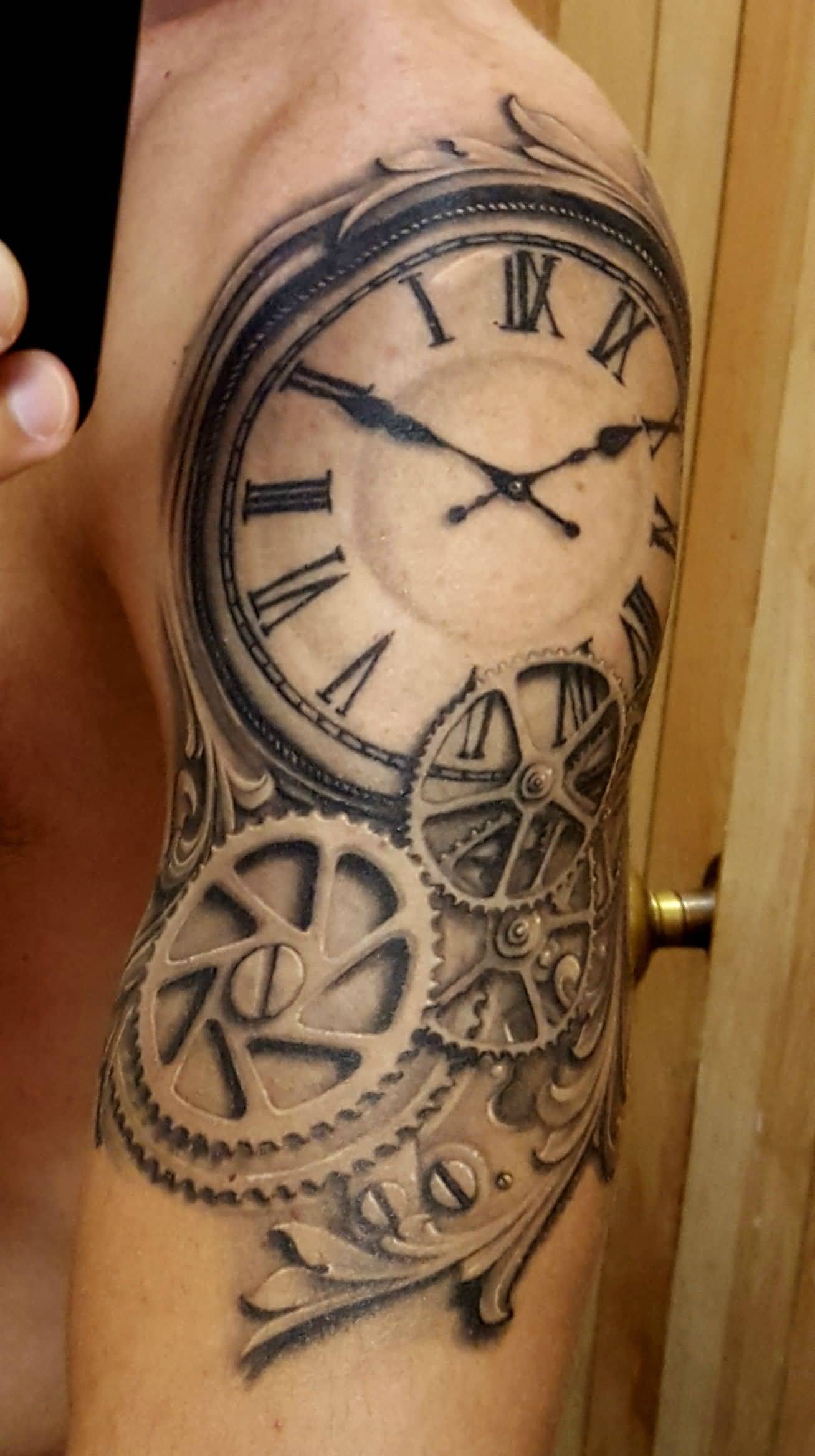 Clock Gears Tattoo On Left Half Sleeve