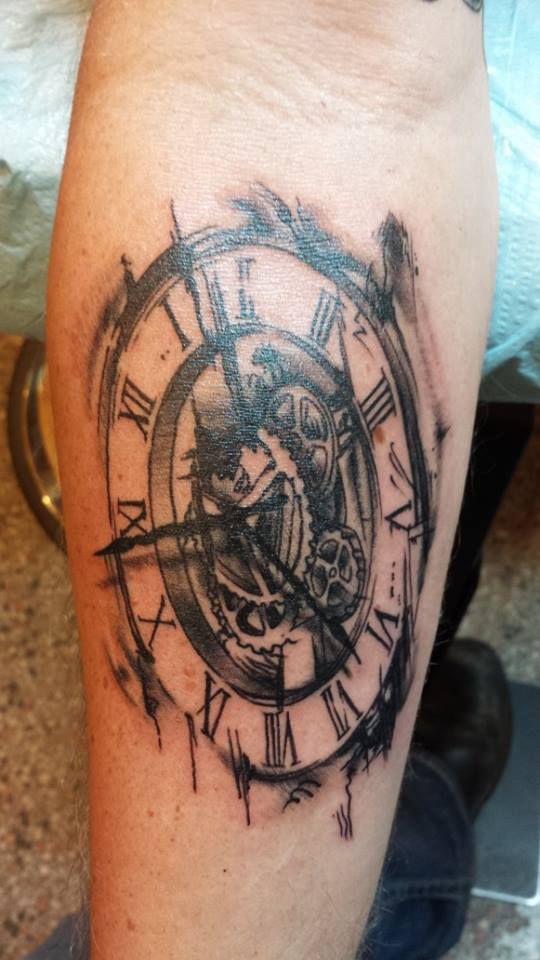 Clock Gears Tattoo On Right Forearm