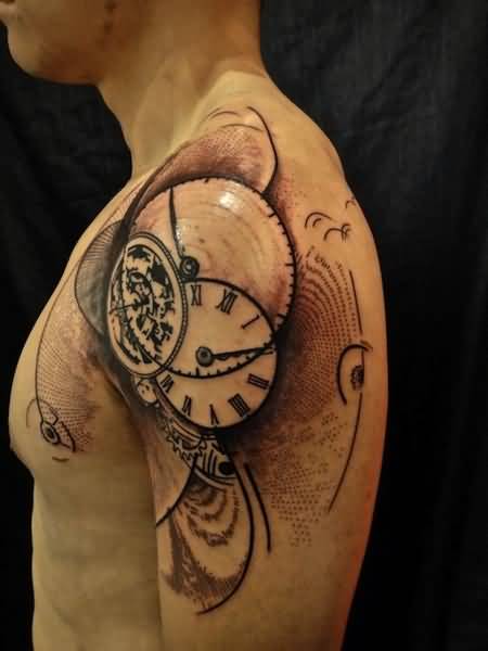 Clock Tattoo On Man Left Shoulder