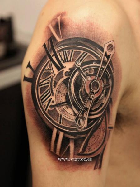 Clock Tattoo On Man Right Shoulder
