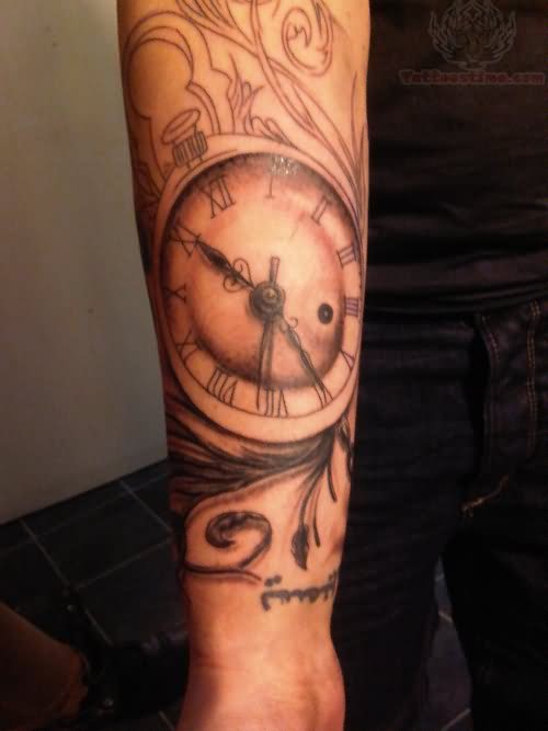 Clock Tattoo On Man Right Sleeve