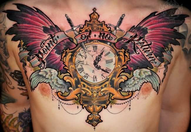 Clock With Wings Tattoo On Man Chest