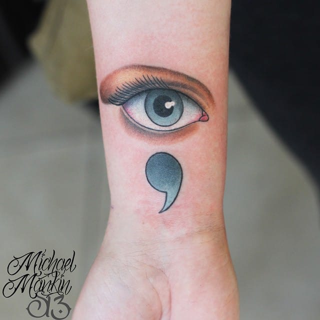 Color Eye And Semicolon Tattoo On Wrist