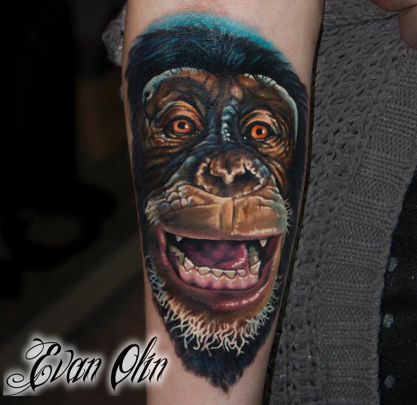 Color Ink Chimpanzee Tattoo On Arm by Evan Olin