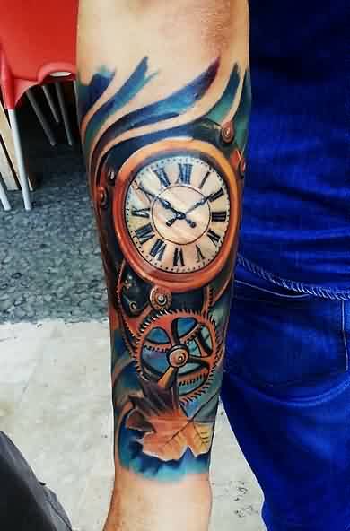 Color Ink Clock Tattoo On Right Arm