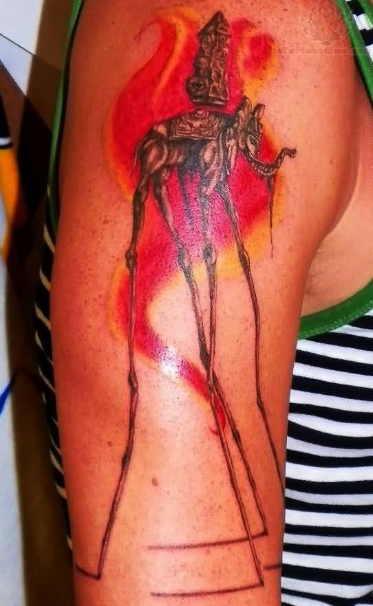 Color Ink Dali Elephant Tattoo On Half Sleeve