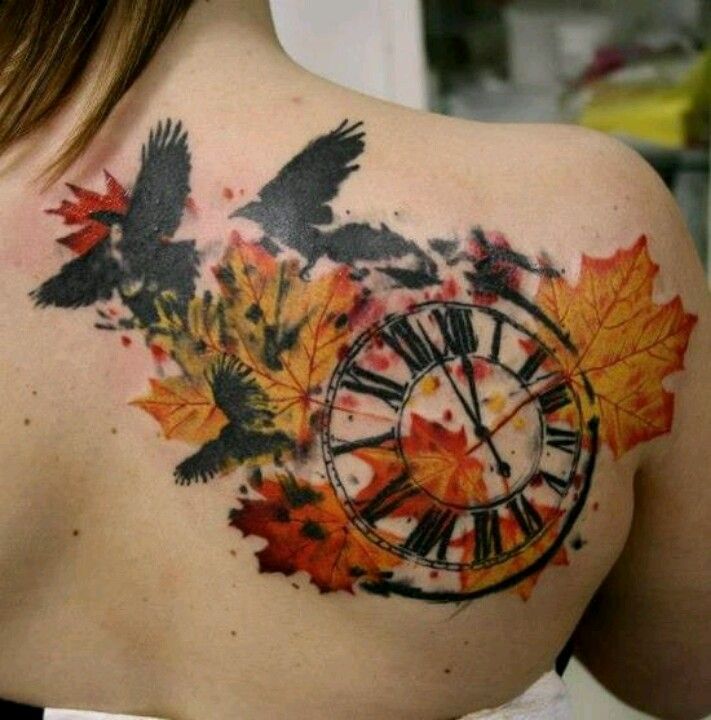 Color Ink Maple Leafs And Clock Tattoo On Right Back Shoulder