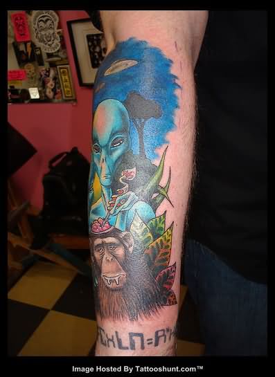 Colored Alien And Chimpanzee Tattoo On Sleeve