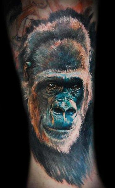 Colored Chimpanzee Tattoo On Leg For Men