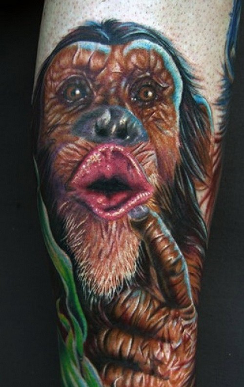 Colored Chimpanzee With Curly Hairs Tattoo On Arm Sleeve