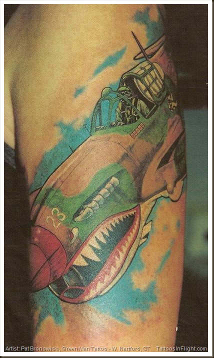 Colored Spitfire Tattoo On Left Half Sleeve