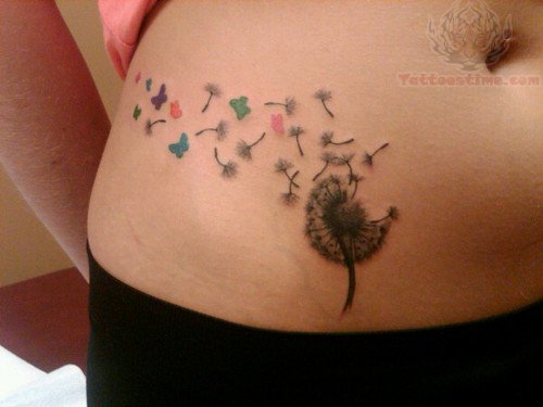Colorful Butterflies blowing From Dandelion Tattoo On Right Hip