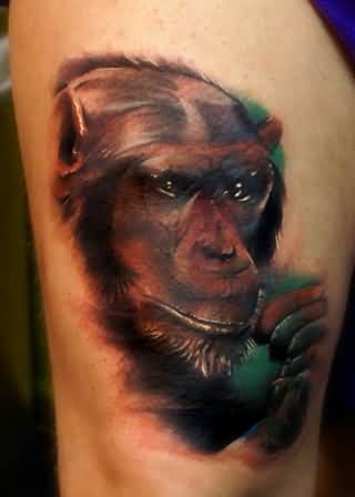 Colorful Chimpanzee Tattoo On Side Thigh