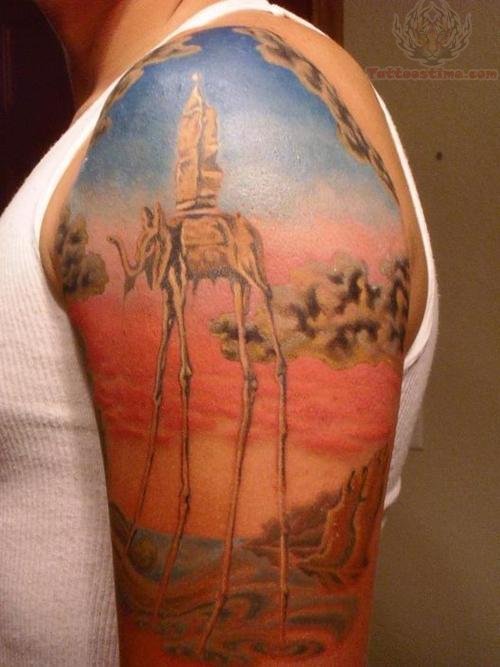 Colorful Dali Elephant Tattoo On Left Half Sleeve
