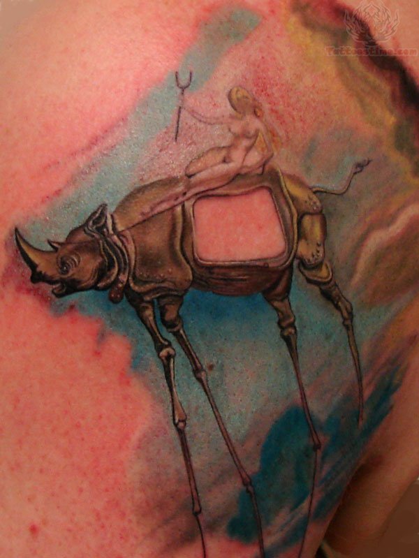 Colorful Dali Elephant Tattoo On Right Back Shoulder