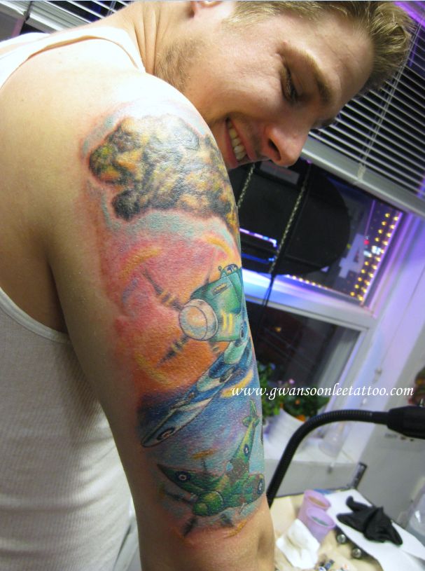 Colorful Spitfire Tattoo On Right Half Sleeve