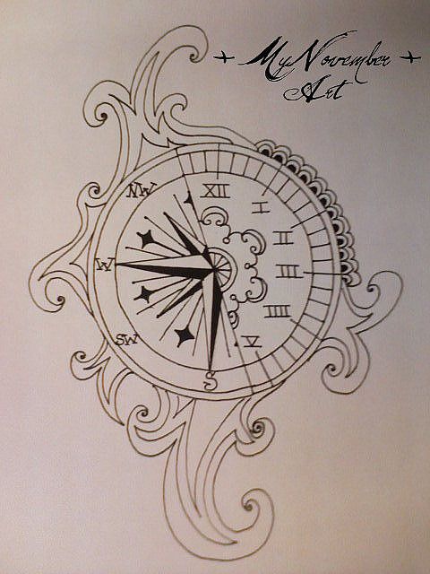 Compass and Clock Tattoo Design